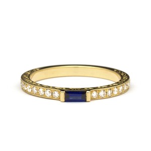Hand Engarved Scrolls Baguette Sapphire Engagement Ring in Yellow Gold